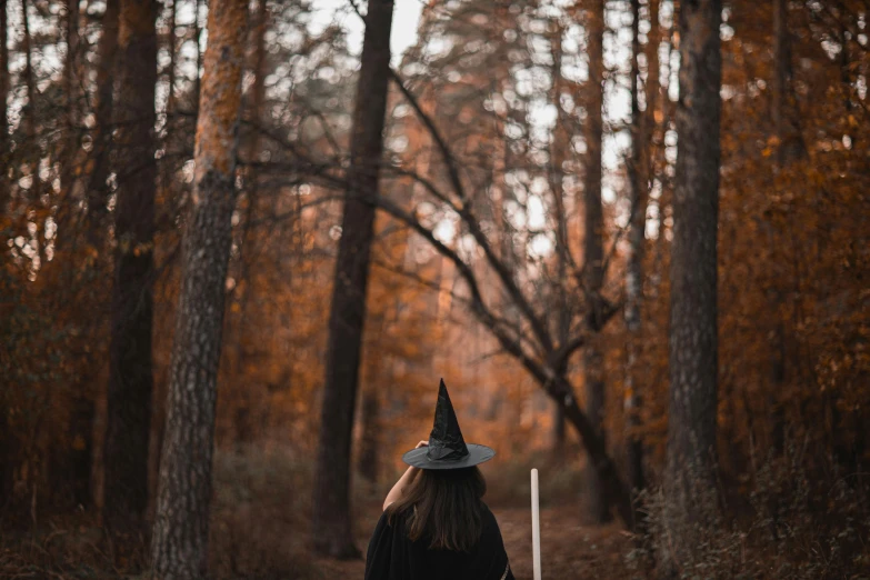 a woman in a witch's hat walks through the woods, pexels contest winner, holding bat, 🚿🗝📝, profile image, instagram picture