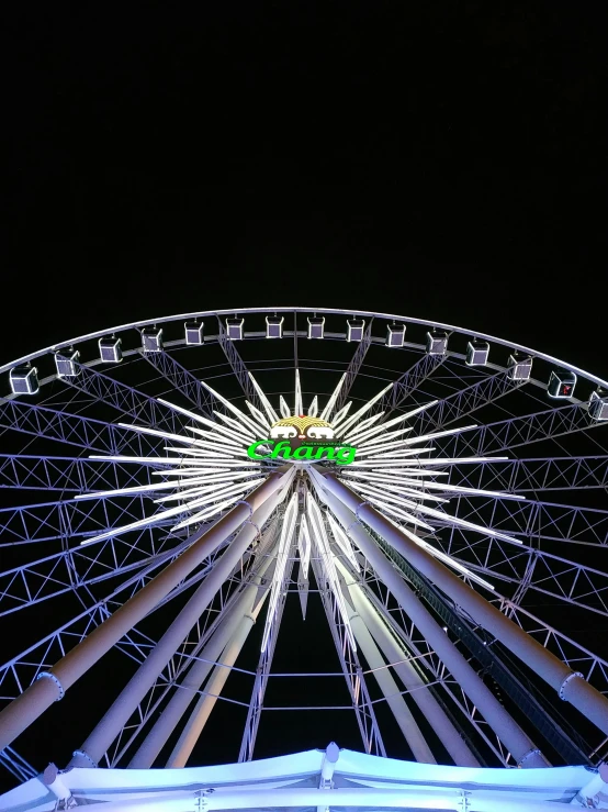 a large ferris wheel lit up at night, by Niko Henrichon, pexels contest winner, renaissance, worm\'s eye view, panoramic photography, profile image, towering high up over your view