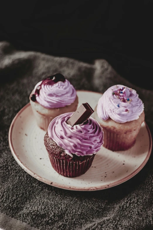 three cupcakes with purple frosting on a plate, a colorized photo, trending on pexels, black forest, with a soft, violet and black, made of glazed