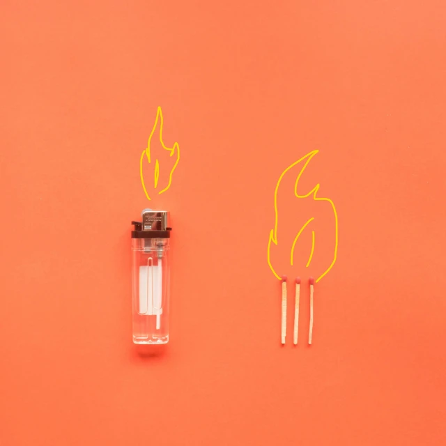 two lighters sitting next to each other on a red surface, inspired by Marina Abramović, bright orange camp fire, digitally drawn, stick and poke, smoky laboratory