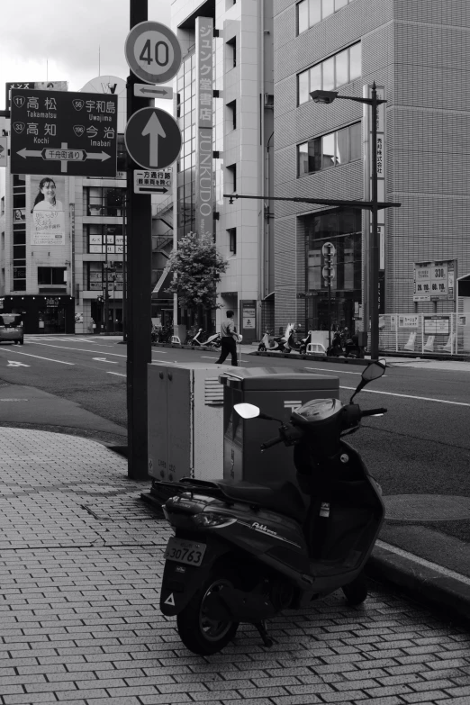 a scooter parked on the side of a street, a black and white photo, by Sengai, 2 2 nd century!!!!! town street, in a cybercity, けもの, so come on