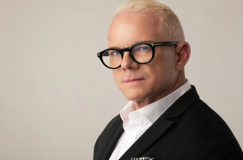 a close up of a person wearing glasses, inspired by Graham Forsythe, full platinum blond, pitbull, studio shot, avatar image