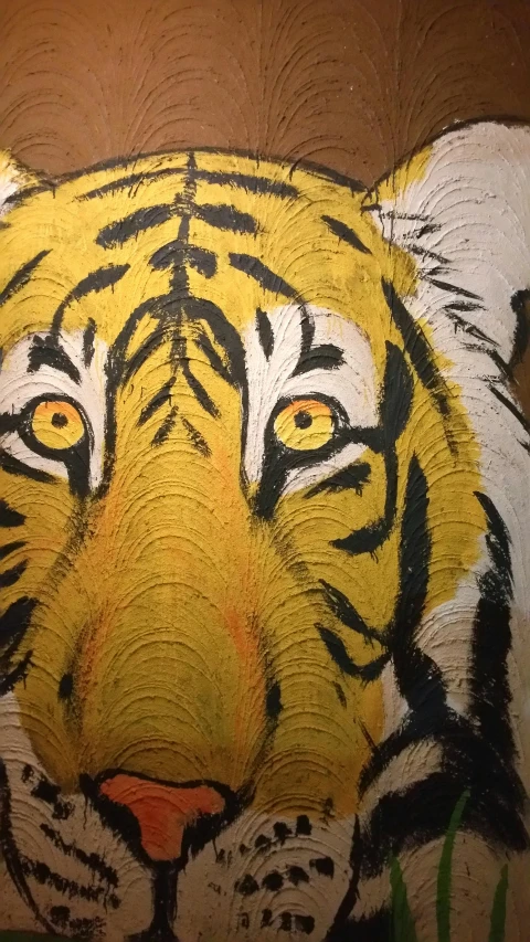 a painting of a tiger on a wall, a detailed painting, inspired by Augustin Meinrad Bächtiger, reddit, closeup!!!!!, on a yellow canva, 64x64, highly detailed!!!!!!!