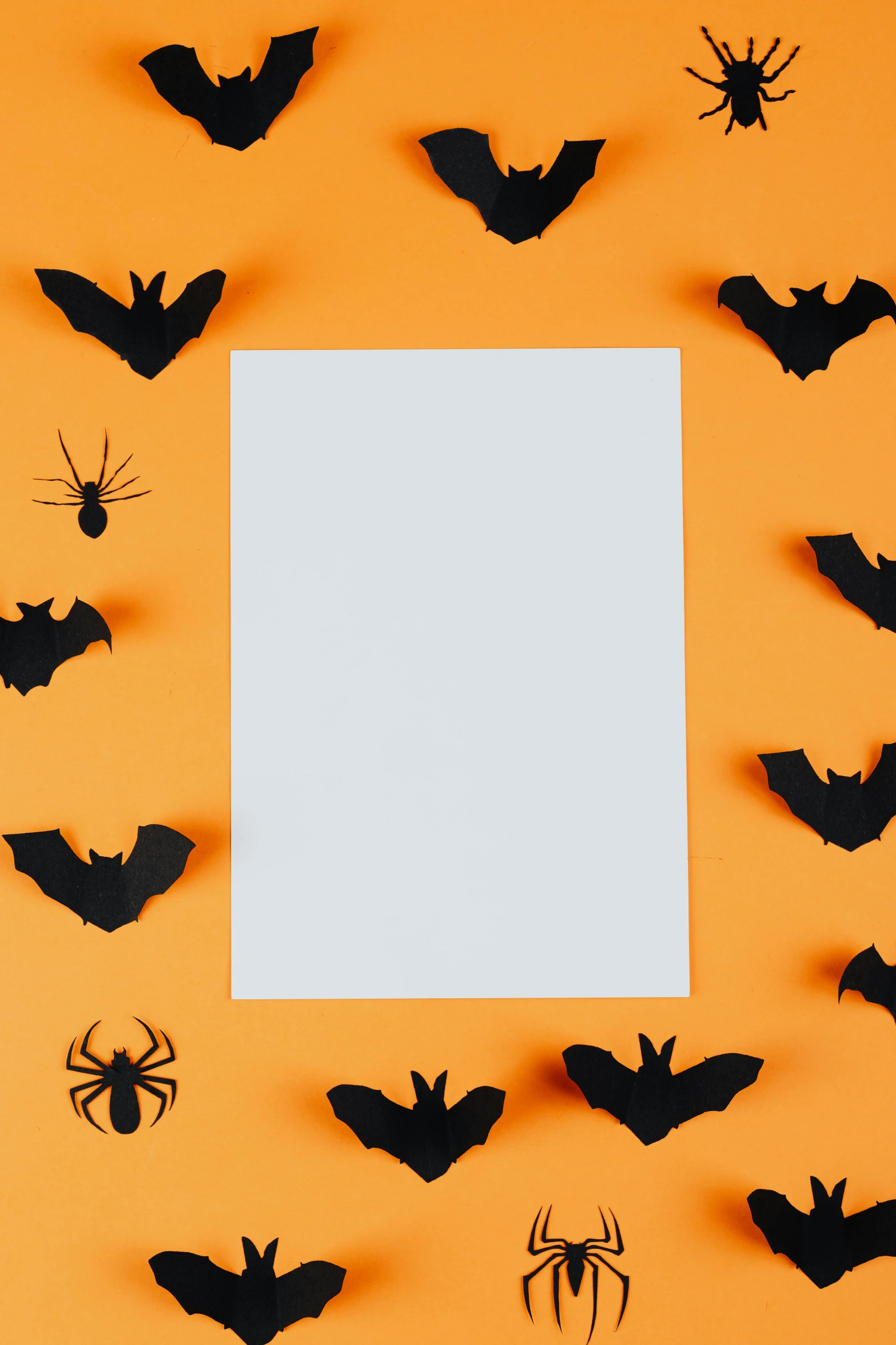 a halloween frame with bats and spider on an orange background, trending on pexels, 100lb cardstock, detail shot, 15081959 21121991 01012000 4k, negative space