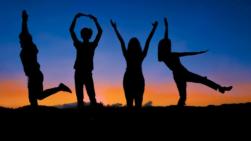 a group of people standing on top of a hill, dynamic energic pose, dusk setting, avatar image, profile image