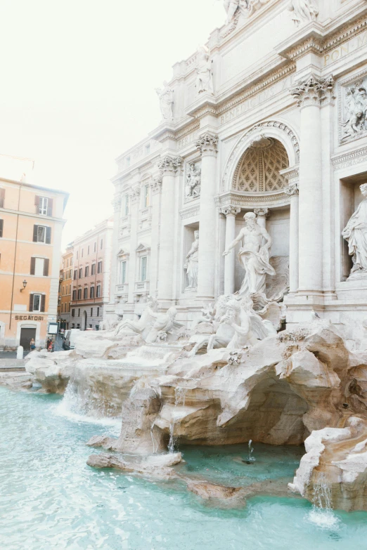 a fountain in front of a building with statues on it, unsplash contest winner, neoclassicism, fall of rome, frank gehry, dreamy soft, square