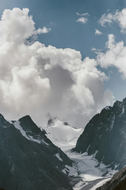 a group of people standing on top of a snow covered mountain, an album cover, pexels contest winner, minimalism, large clouds visible, glaciers, 4 k cinematic panoramic view, in the swiss alps