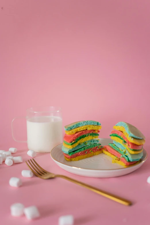 a plate of colorful cookies next to a glass of milk, inspired by Peter Alexander Hay, unsplash, color field, pancakes, layers on layers on layers, marshmallows, 2 5 6 x 2 5 6 pixels