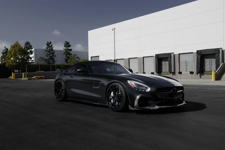 a black mercedes sports car parked in front of a building, a 3D render, inspired by An Gyeon, pexels contest winner, photorealism, ( ( dark skin ) ), pbr render, [ 4 k photorealism ], black rims