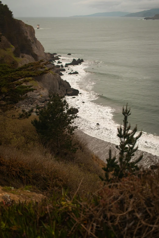 a view of the ocean from the top of a hill, slide show, trees and cliffs, cresting waves and seafoam, distant photo