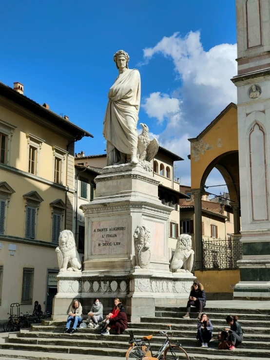 a group of people sitting on steps next to a statue, a statue, inspired by Giovanni Battista Innocenzo Colombo, profile image, 🚿🗝📝, florentine school, square