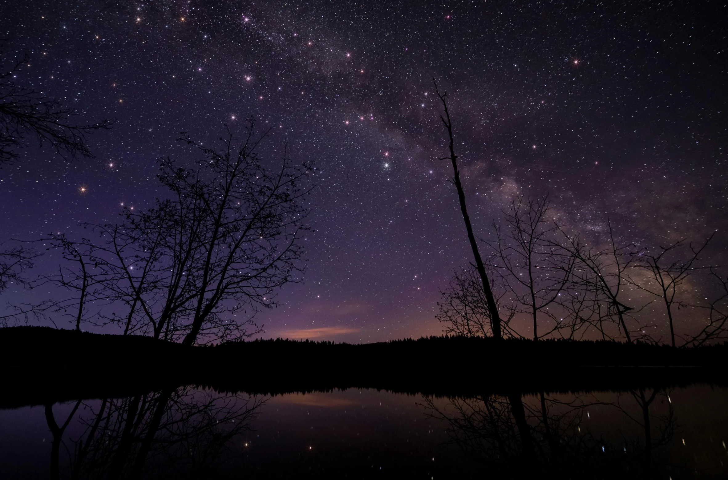 the night sky is reflected in the water, pexels contest winner, stars and paisley filled sky, star charts, purple, forest at night