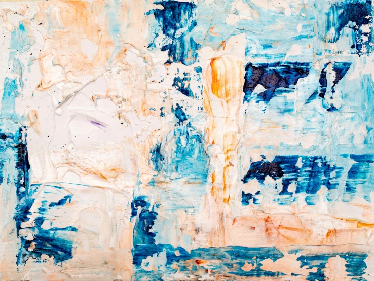 a close up of a painting on a wall, by Micha Klein, trending on unsplash, abstract expressionism, cream and blue color scheme, some orange and blue, blue and white colour scheme, ripped fabric