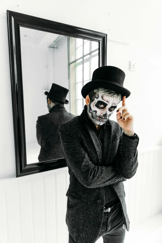 a man in a top hat standing in front of a mirror, pexels contest winner, lowbrow, skull face paint, set against a white background, facepaint facepaint facepaint, ( ( ( skeleton ) ) )