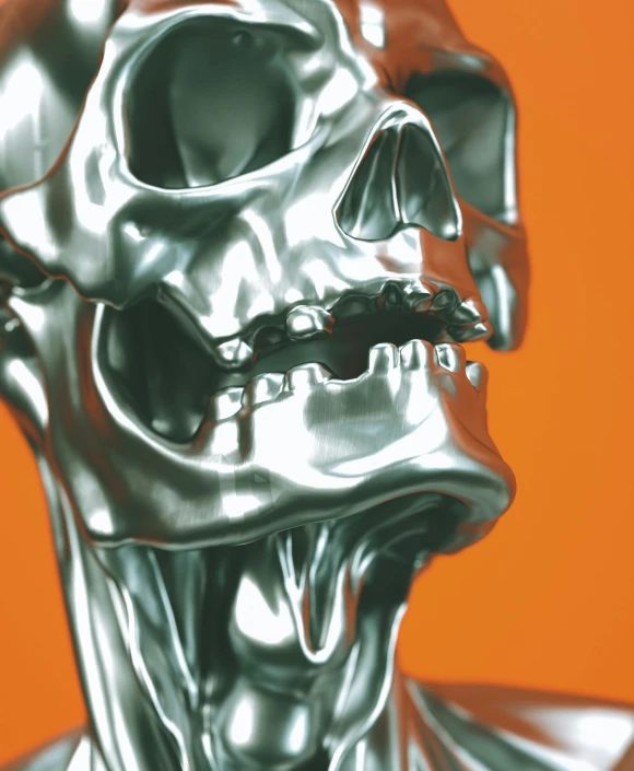 a close up of a silver skull on an orange background, an album cover, inspired by Mike Winkelmann, hyperrealism, large metal jaw, fvckrender, porcelain holly herndon statue, volumetric rendering