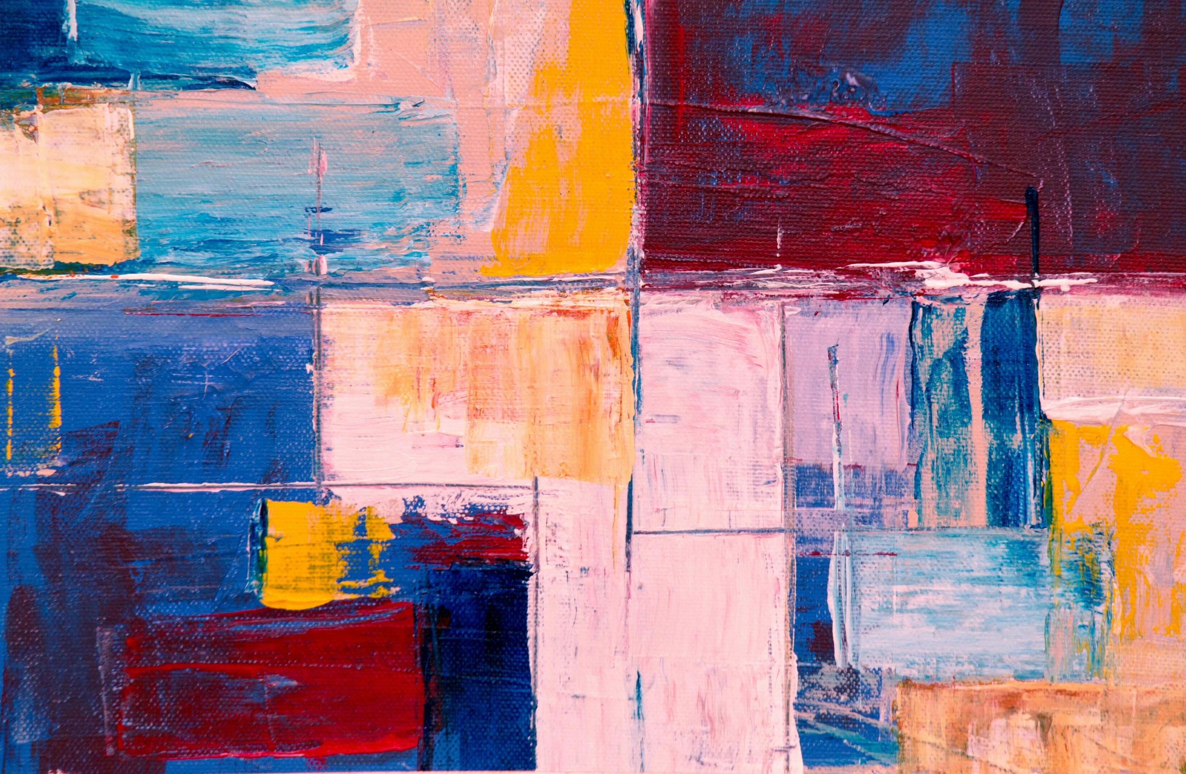 a painting with lots of different colors on it, an abstract painting, by Mondrian, pexels contest winner, square, patchwork, thick impasto, pink and blue colour