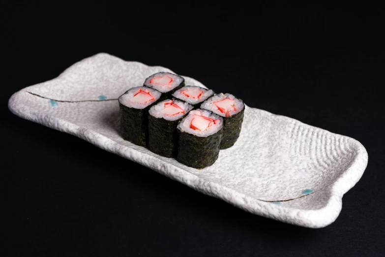 a plate that has some sushi on it, inspired by Maki Haku, sōsaku hanga, silver white red details, prawn, medium angle, red eyed