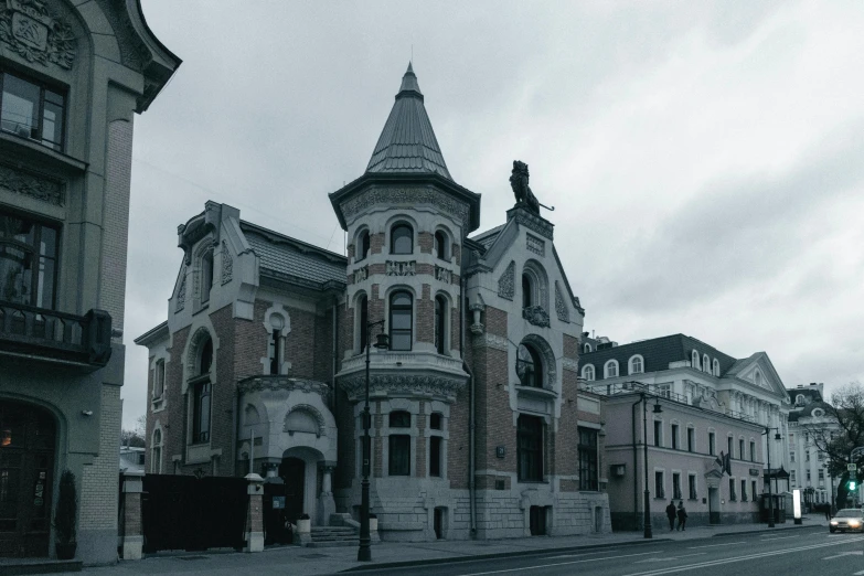 a black and white photo of an old building, a photo, pexels contest winner, paris school, liege, opalescent palace, brown, slide show