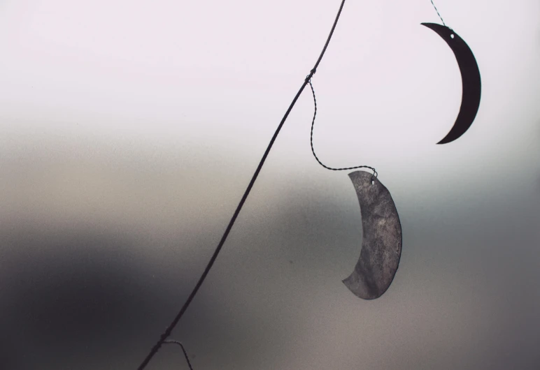 a wind chime hanging from a tree branch, an abstract sculpture, inspired by Katia Chausheva, trending on pexels, postminimalism, crescent moon, dreary, ying and yang, leaf