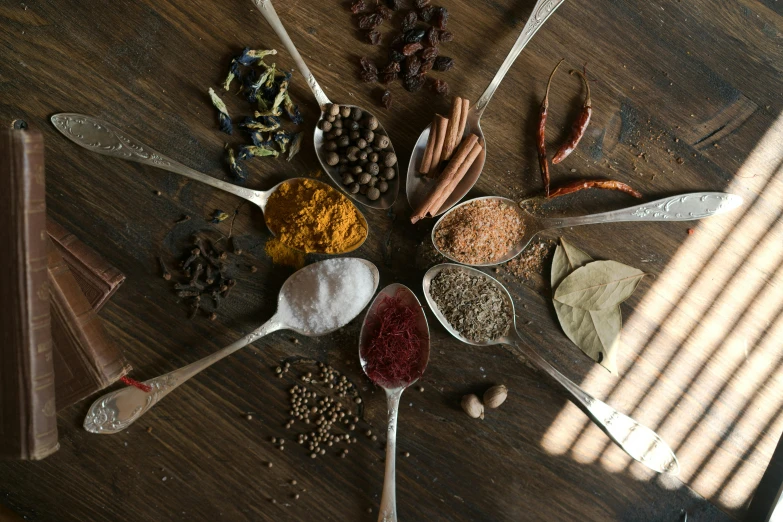 a bunch of spoons sitting on top of a wooden table, bottles of spices, profile image, fan favorite, vastayan