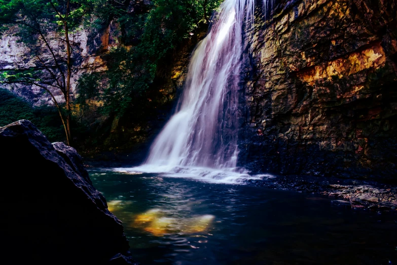 a waterfall in the middle of a lush green forest, an album cover, unsplash contest winner, hurufiyya, costa blanca, deep clear pools of water, on a dark background, high quality product image”