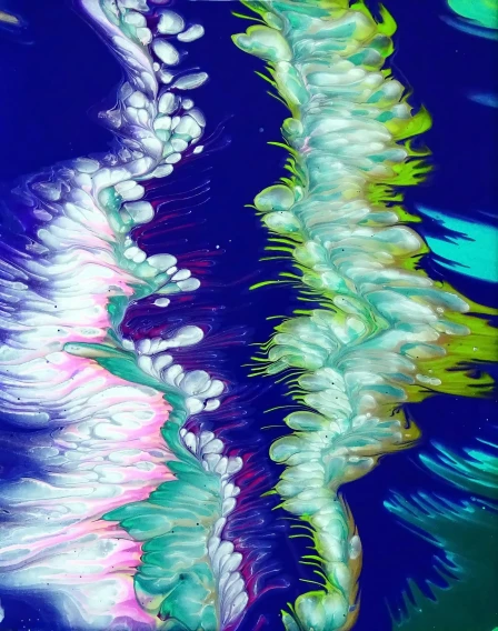 a close up of a painting of a body of water, inspired by Ross Bleckner, unsplash, fractal feathers, inverted neon rainbow drip paint, white fractals, thick impasto paint