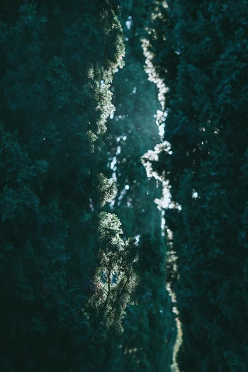 a river running through a lush green forest, an album cover, inspired by Elsa Bleda, unsplash contest winner, light and space, looking down from above, watery crystal glow eyed, night sky, high angle close up shot