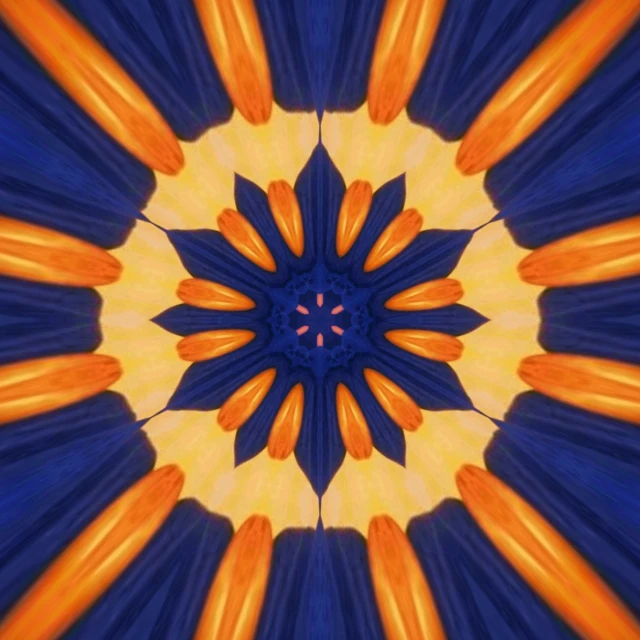 a close up of a blue and orange umbrella, a digital rendering, by Jan Rustem, flickr, abstract illusionism, mandala ornament, french fry pattern ambience, ultramarine blue and gold, star