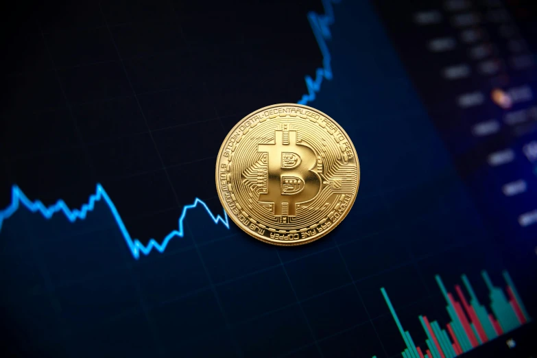 a bitcoin sitting on top of a computer screen, a digital rendering, trending on pexels, waveforms on top of square chart, promo image, portrait shot, colorful digital screens) xf iq4