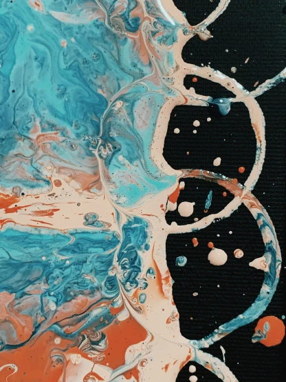 a close up of a painting on a canvas, by Anna Haifisch, reddit, generative art, dna helix, orange and cyan paint decals, painting on black canvas, splattered tar