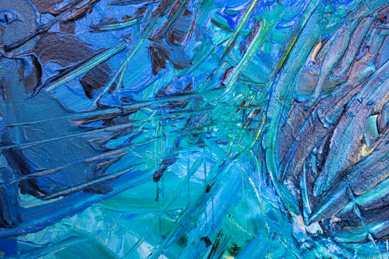 a close up of a painting of blue and green, inspired by Arthur Lismer, pexels, abstract art, underwater crystal caverns, blue glass dreadlocks, fractal flame. highly_detailded, raining glass shards