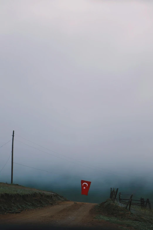 a red stop sign sitting on the side of a road, by Muggur, hurufiyya, in the thick fog, flag, panoramic view, 256x256