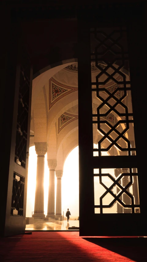 a person standing in the doorway of a building, arabesque, at sunrise, pillars on ceiling, part of the screen, light and shadow