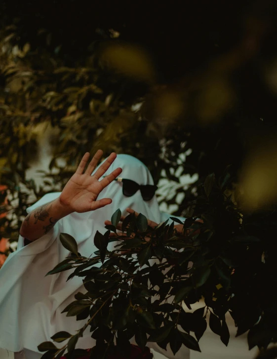 a man in a white robe standing next to a tree, an album cover, trending on unsplash, with haunted eyes and glasses, waving hands, bushes, white hijab