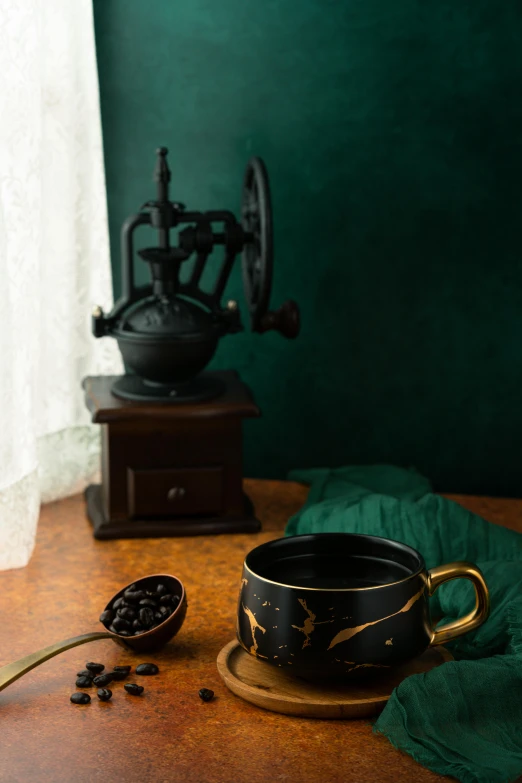 a cup of coffee sitting on top of a wooden table, a still life, inspired by Elsa Bleda, renaissance, gold and green, all black matte product, detailed product image, silk