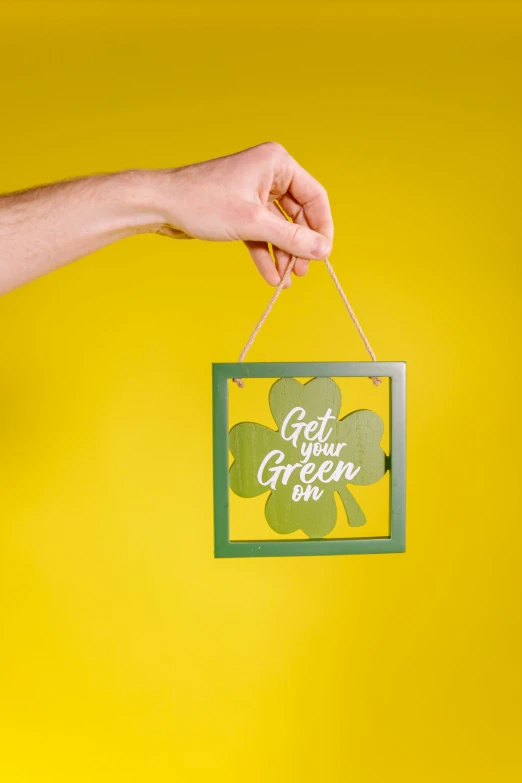 a person holding a sign with a shamrock on it, inspired by Art Green, official product photo, green and yellow, transparent goo, hanging