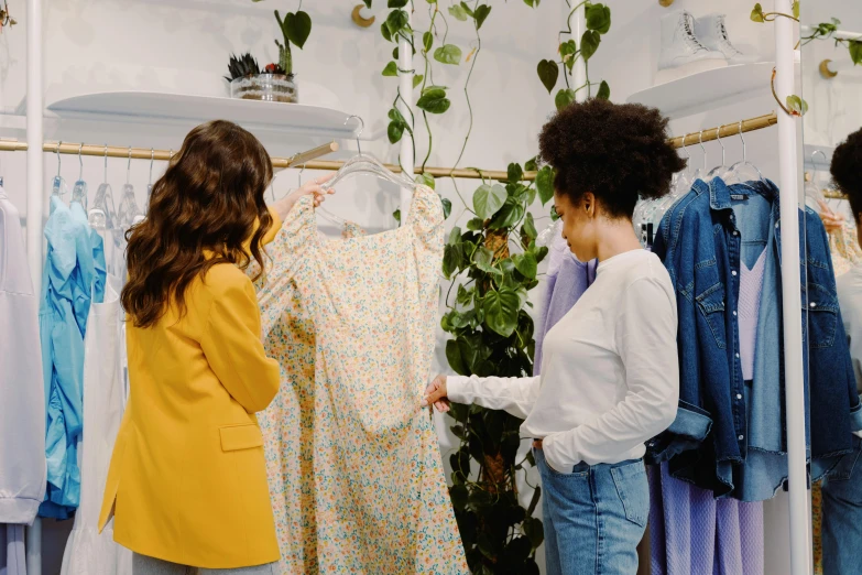 a couple of women standing in front of a rack of clothes, trending on pexels, happening, foliage clothing, thumbnail, looking around a corner, presenting wares