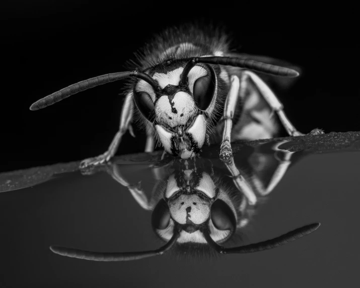 a black and white photo of a wasp on a twig, a black and white photo, by Jan Rustem, pexels contest winner, photorealism, sitting on a reflective pool, cyberpunk bee, mirrored, aggressive pose