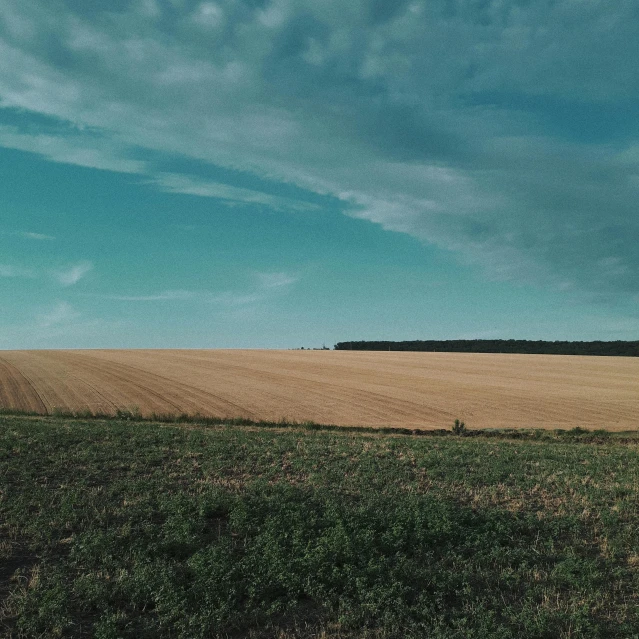 an empty field with a blue sky in the background, by Karl Buesgen, pexels contest winner, view from far away, teal sky, high grain, uniform off - white sky