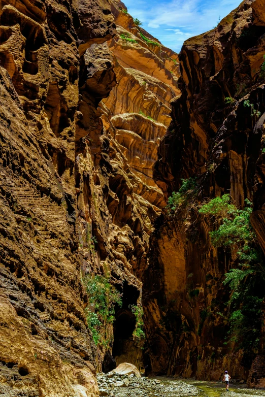 a man standing in the middle of a canyon, inspired by Albert Namatjira, les nabis, hdr detail, hanging gardens, narrow face, stalactites