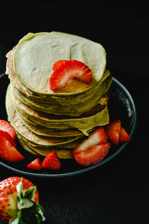 a stack of pancakes with strawberries on a plate, unsplash, olive green, 6 pack, low detail, kek