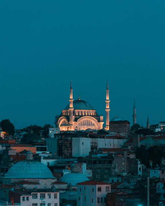 a view of a city from the top of a hill, a colorized photo, pexels contest winner, hurufiyya, with great domes and arches, blue night, black, istanbul