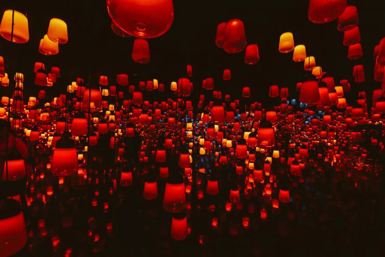 a room filled with lots of red and white lanterns, pexels, interactive art, jelly glow, deep color, floating embers, float