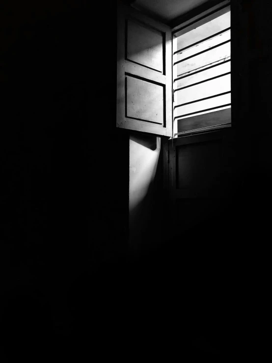 a black and white photo of an open window, by Lucia Peka, light and space, chiaroscuro!!, shutters, with backlight, nika maisuradze