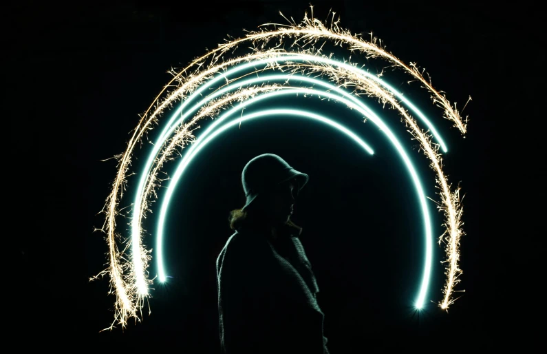 a man standing in front of a circle of sparklers, digital art, by Adam Marczyński, pexels contest winner, teal lights, high-contrast, lighting her with a rim light, instagram photo