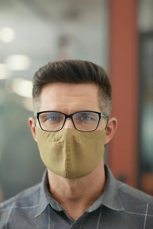 a man wearing glasses and a face mask, light brown, premium quality, uncrop, environmental shot