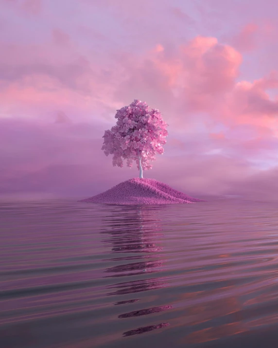a tree in the middle of a body of water, an album cover, by Filip Hodas, romanticism, pink and purple, 3 d sculpture octane render 8 k, (pink colors), instagram picture