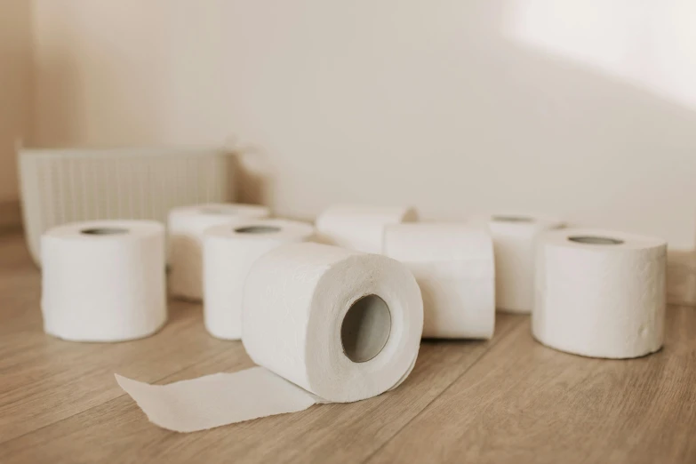 a number of rolls of toilet paper on a wooden floor, inspired by Sarah Lucas, pexels contest winner, white marble interior photograph, profile image, soft light, white