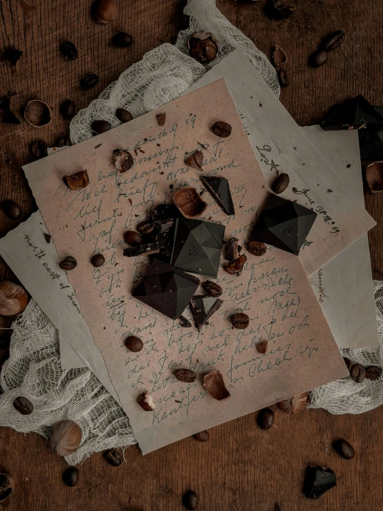 a piece of paper sitting on top of a pile of coffee beans, a still life, letterism, dark chocolate painting, detailed product image, atmospheric photo, gothic aesthetic