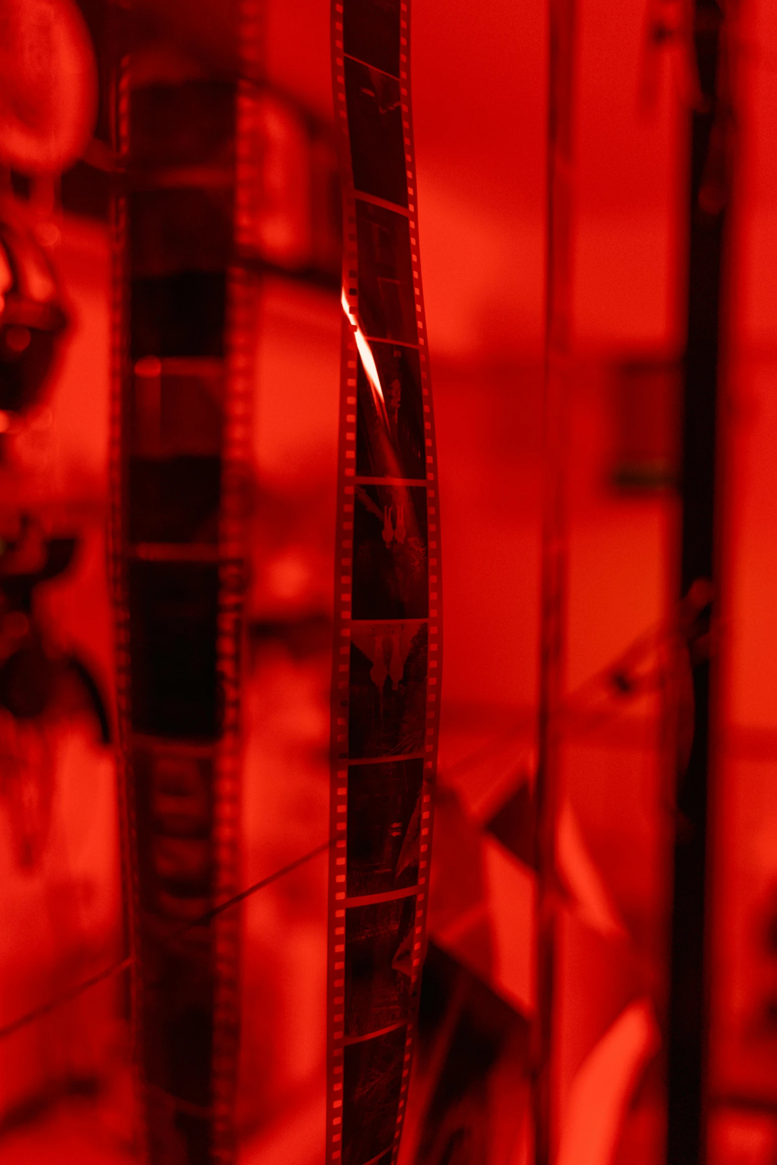 a close up of a film strip with a person in the background, inspired by Nan Goldin, pexels, video art, detailed red lighting, film artifacts, bright red, studio lit